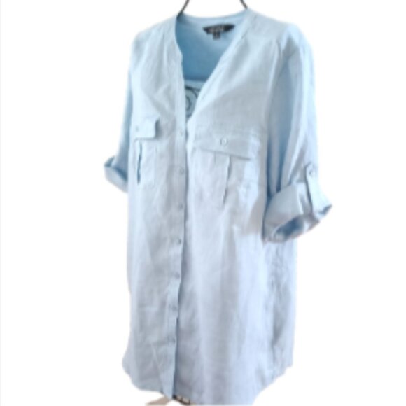 NWOT Nicole Miller Linen Button Up 3/4 Roll Tab Sleeve Top Pockets sz L Sky Blue - Picture 11 of 14